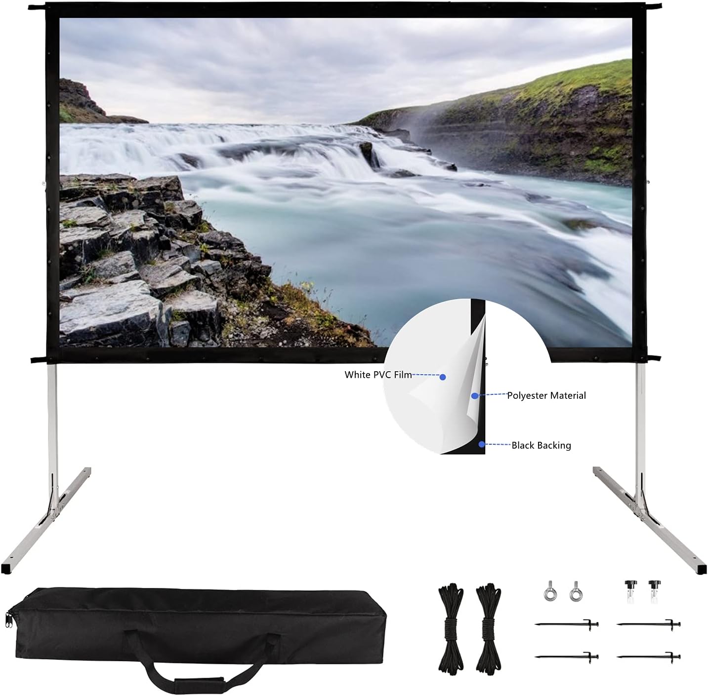 Krossgain 135 inch Projection Screen with Stand, 3 Layers PVC Anti-Crease Portable Foldable Projector Screen, 16:9 1:1Gain 4K HD Front Projection Movies Screen for Home Garden Theater Backyard