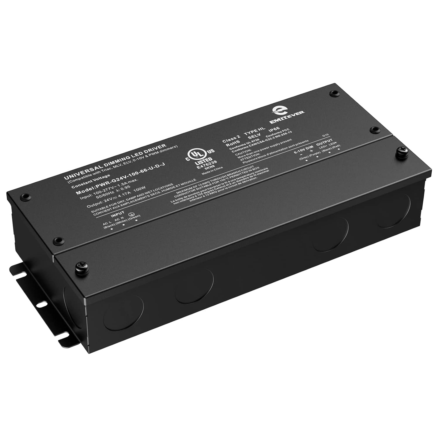 Emitever Dimmable Led Driver, 30W AC 100V-277V to DC 24V Transformer, 5-in-1 Dimming: ELV/MLV/TRIAC / 0-10V / 1-10V / 10V PWM/Potentiometer, Waterproof IP67 and UL Listed, Class 2 Pack of 2
