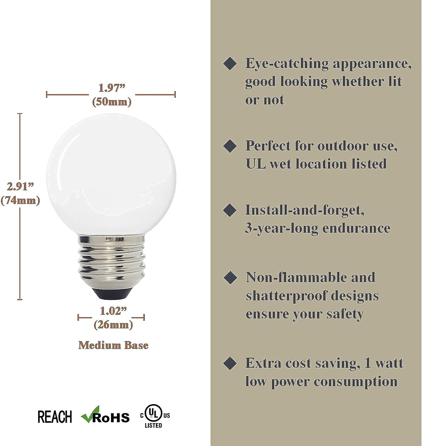 Scoreboard / Christmas Lighting G50 LED Decorative Bulb, Warm White 2700K, Outdoor Waterproof Shatterproof, 1 W Low Wattage (10W Equivalent), E26 Medium Base, 25 Pack