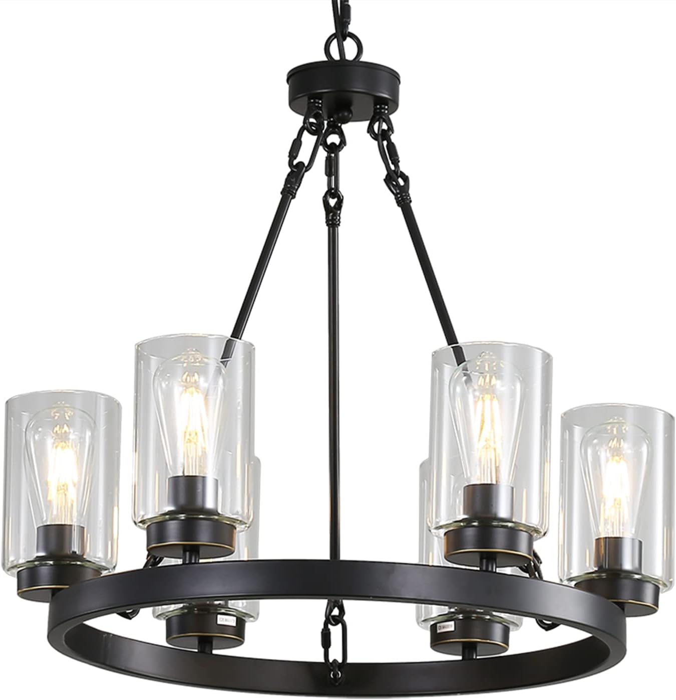 6-Light Large Industrial Rustic Farmhouse Wagon Wheel Chandelier Black Metal Large Round Dining Room Light Modern Rustic Light Fixture Iron Ring Chandelier Clear Glass Shade