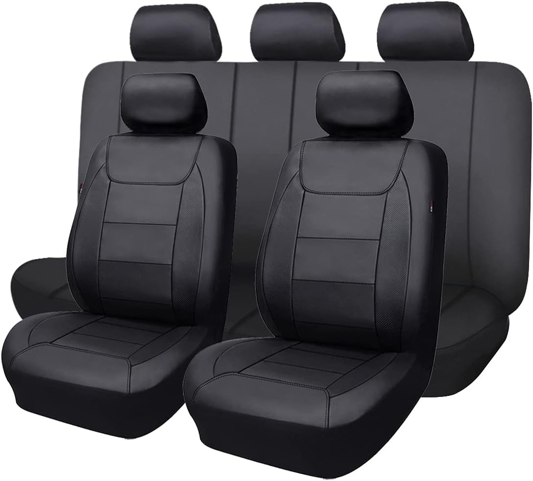 Flying Banner car seat Covers Protects Water Proof Faux Leather Carbon Fiber Front and Rear Bench (Full Set, Black Black)