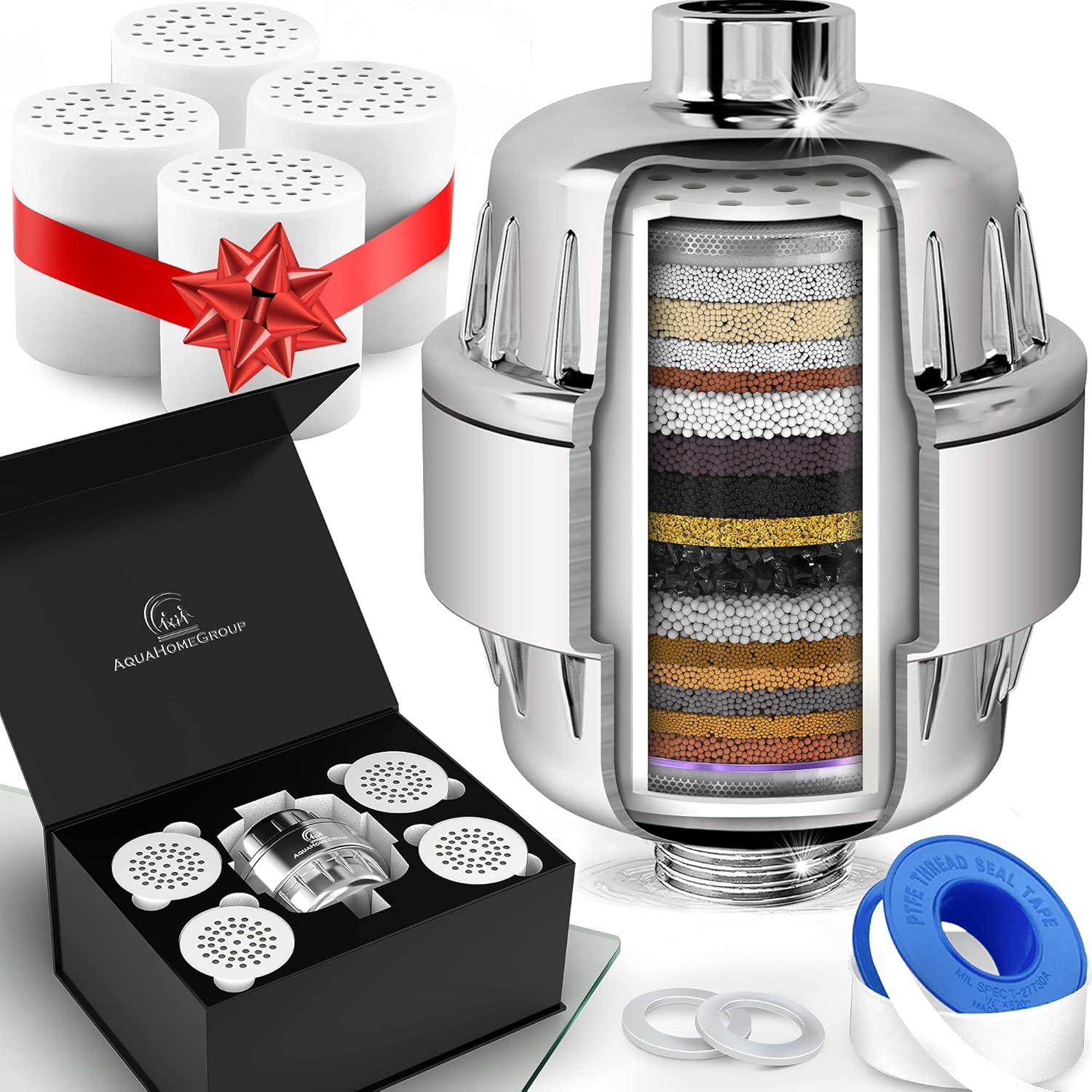 AquaHomeGroup 20 Stage Shower Filter with Vitamin C E for Hard Water - High Output Shower Water Filter to Remove Chlorine and Fluoride - 5 Cartridges Included -Consistent Water Flow Showerhead Filter Pack of 2