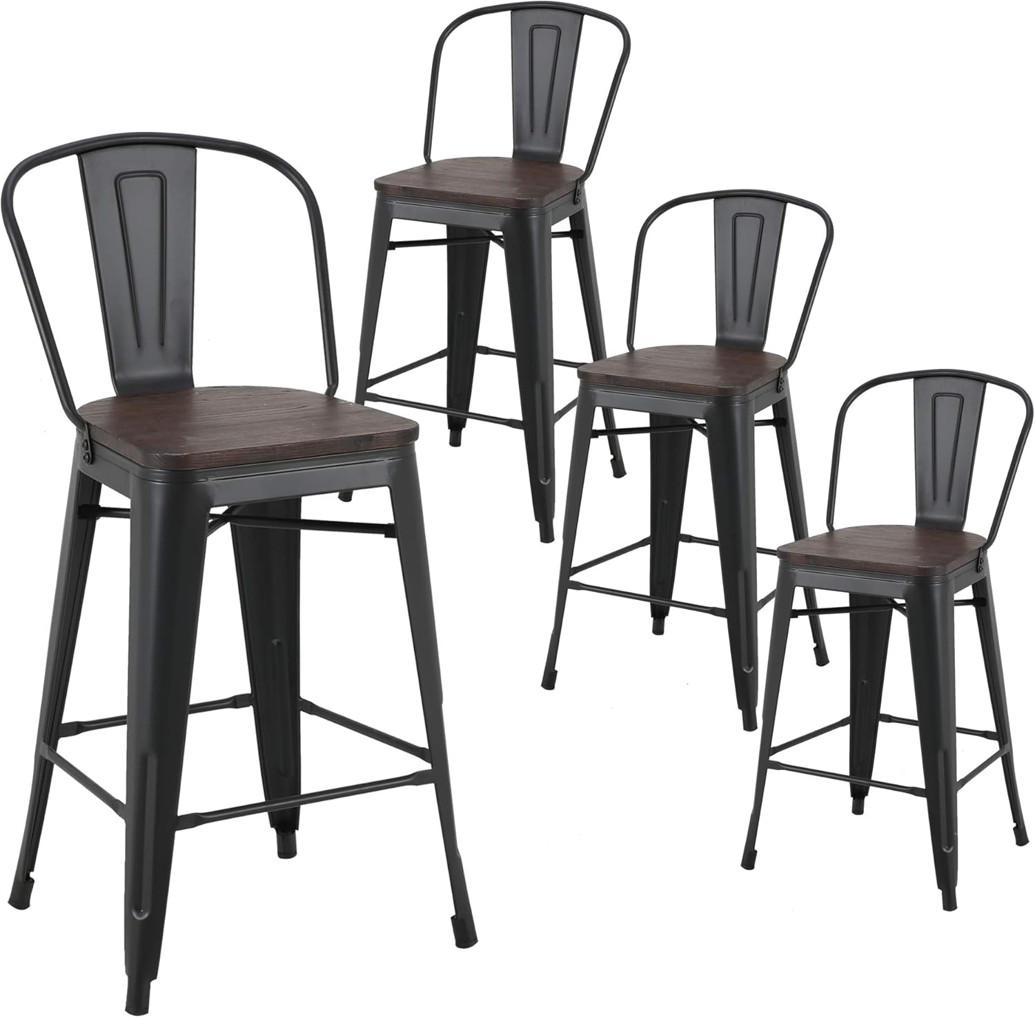 LSSBOUGHT Tolix Style 26 Inches Metal Counter Stools with Wood Seat and Backrest Indoor-Outdoor Use Stackable Bar Stools Set of 2 (Black)