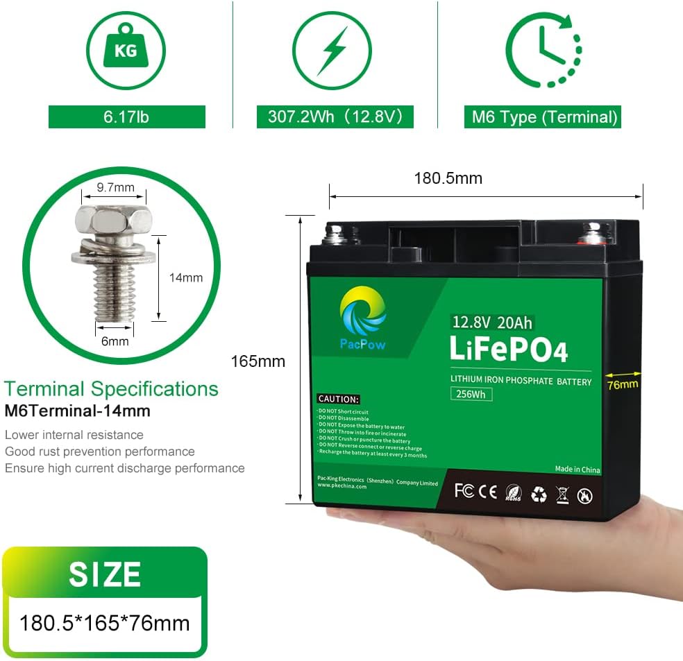 PacPow 12V 20Ah LiFePO4 Lithium Iron Phosphate Battery with Built-in BMS for Fish Finder, Ham Radio, Scooter, Trolling Motor, Light, Kids Car(Actual Capacity 24Ah and Actual Energy 307.2Wh)