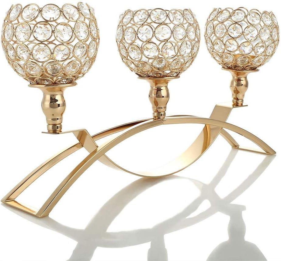 VINCIGANT Gold Crystal Candle Holders,3-Candle Candelabras,（Gifts Boxed） Centerpieces for Living Room,Dinning Room Table Decoration,Wedding Gifts Pack of 2