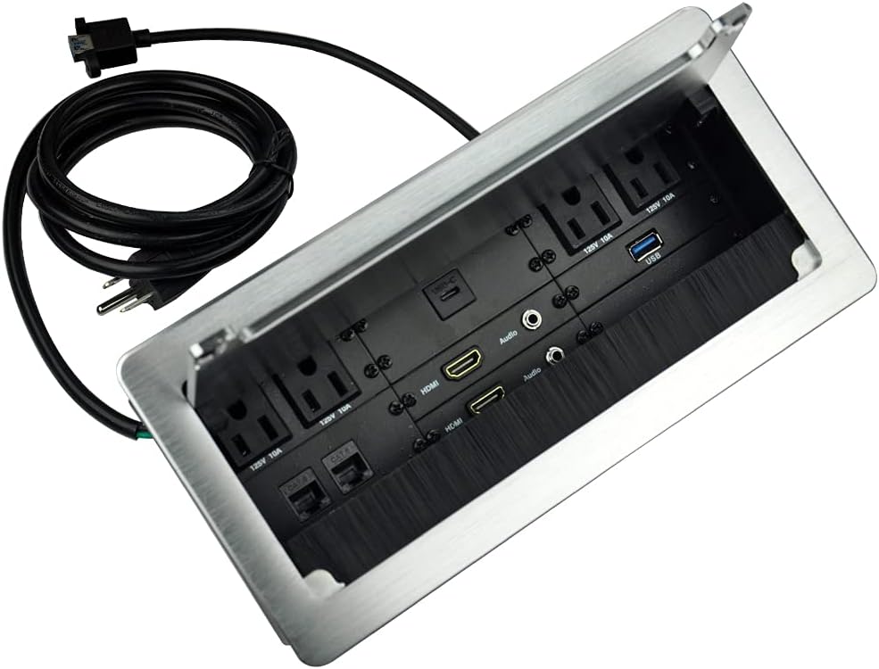 Tabletop Multimedia Connectivity Box with 4 AC Power+2 HDMI+2 RJ45+1 USB3.0 Port +1 USB-C +2 Audio with 5.58ft Power Cord for Conference Room(Sliver)