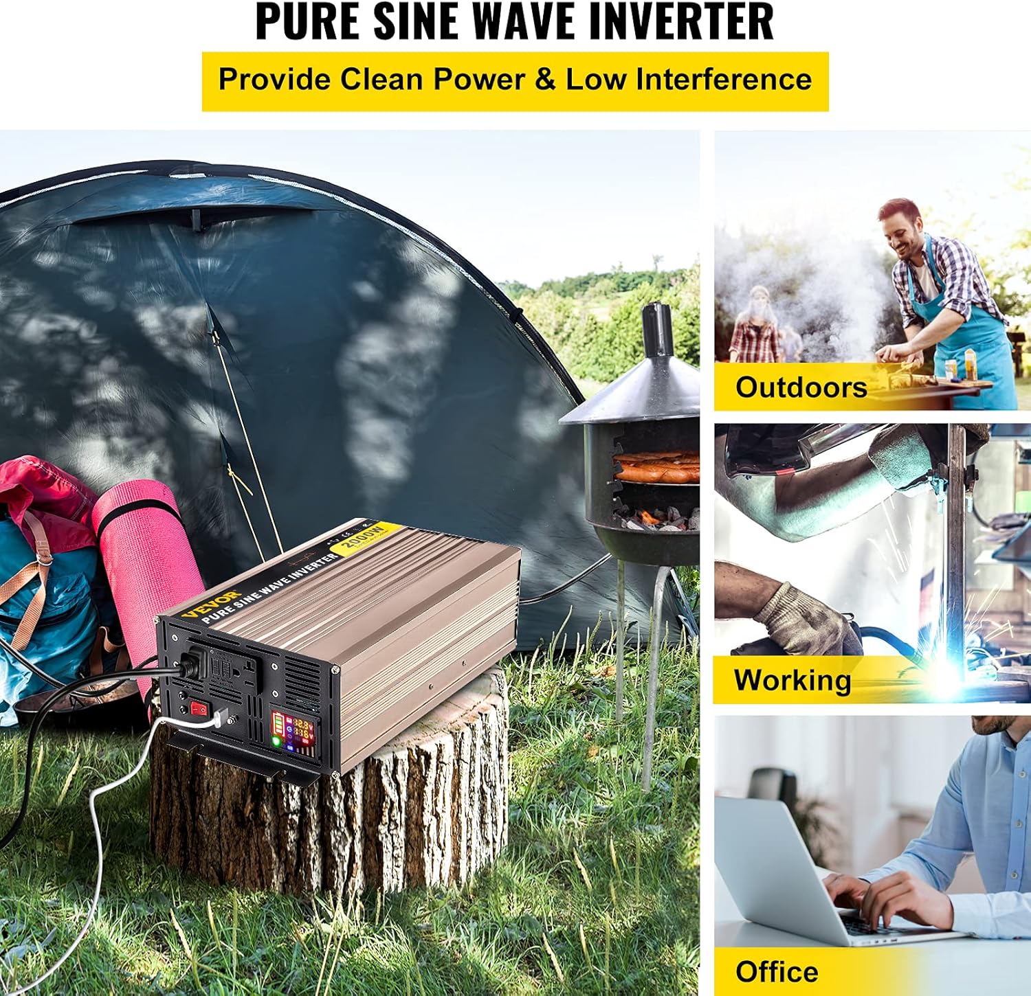 VEVOR Pure Sine Wave Inverter, 2000 Watt Power Inverter, DC 12V to AC 110V Car Inverter, with LCD Display 5V USB Port AC Outlets (GFCI) Power Converter for Car, RV Truck, Solar System, Travel Camping