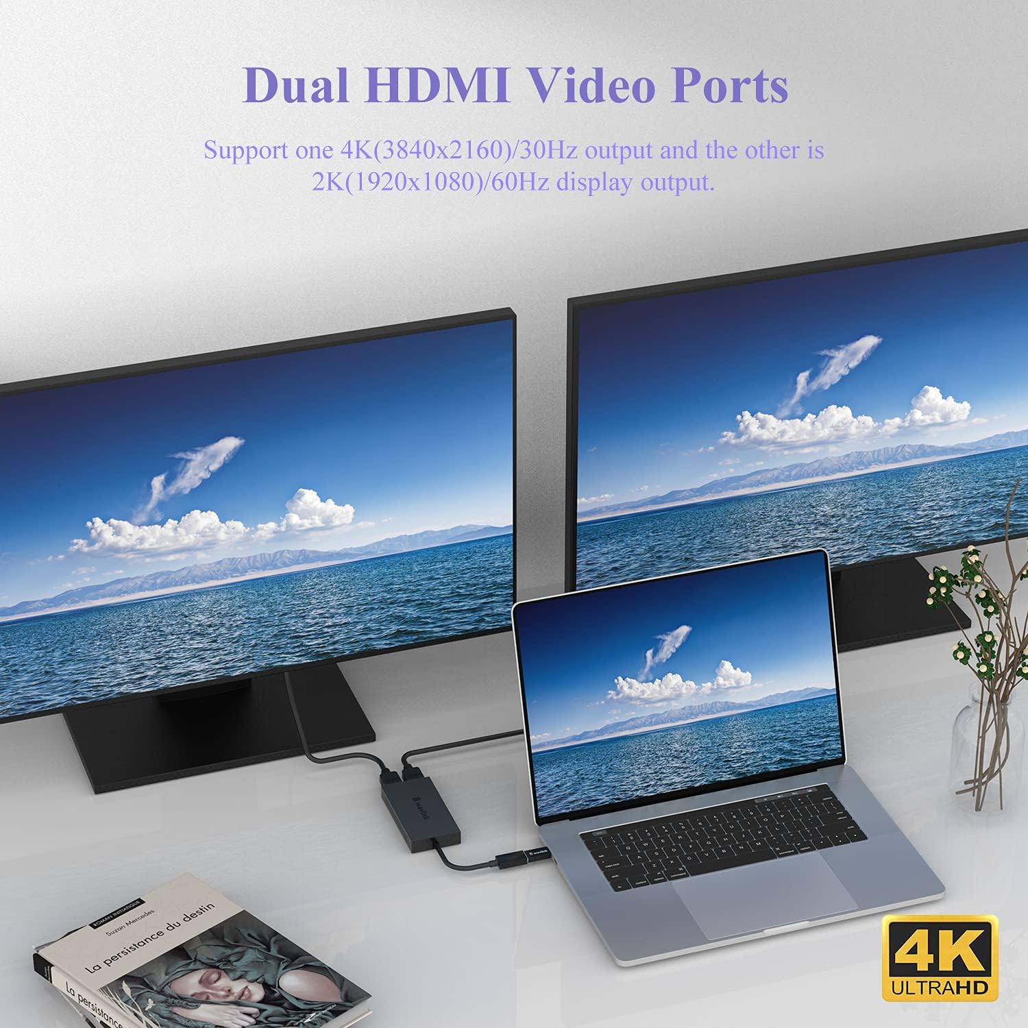 WAVLINK USB 3.0 to Dual HDMI Video Graphic Adapter, 4K@30Hz Multi-Display Converter, Support Windows Mac OS Android Chrome, Perfect for Home Theater, Playing Games, Meeting or Corporate Training