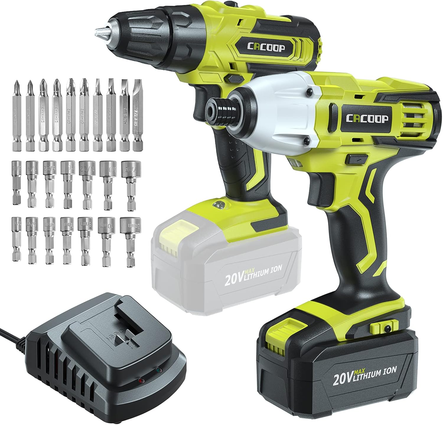 CACOOP 20V Cordless Drill and Impact Driver Combo Kit with 4.0Ah Battery and Fast Charger (3/8 Drill,1/4 Impact Driver)