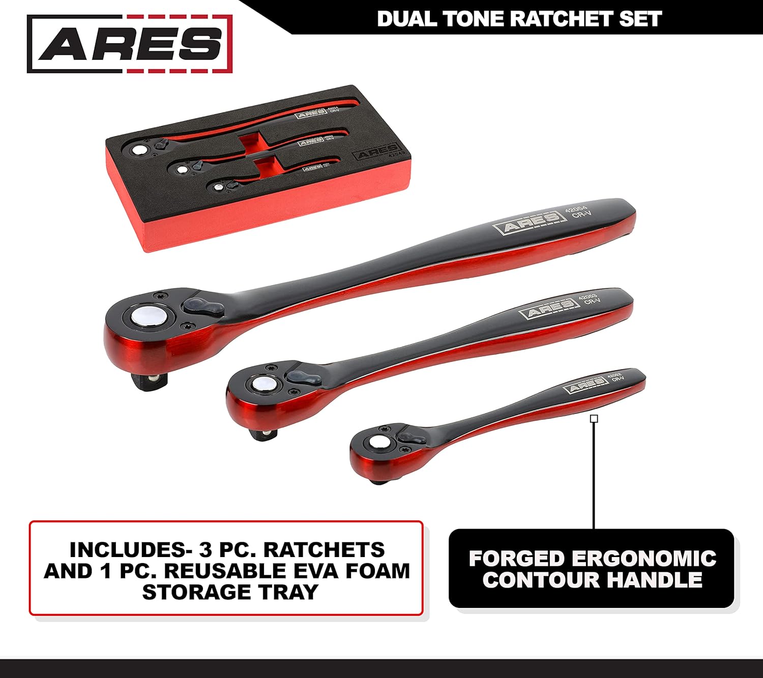 ARES 42049 - 3-Piece Dual Tone 72-Tooth Ratchet Set - Made of Chrome Vanadium Steel - Sleek Black and Red Finish - Quick Release for Easy Socket Change - 72-Tooth Reversible Design