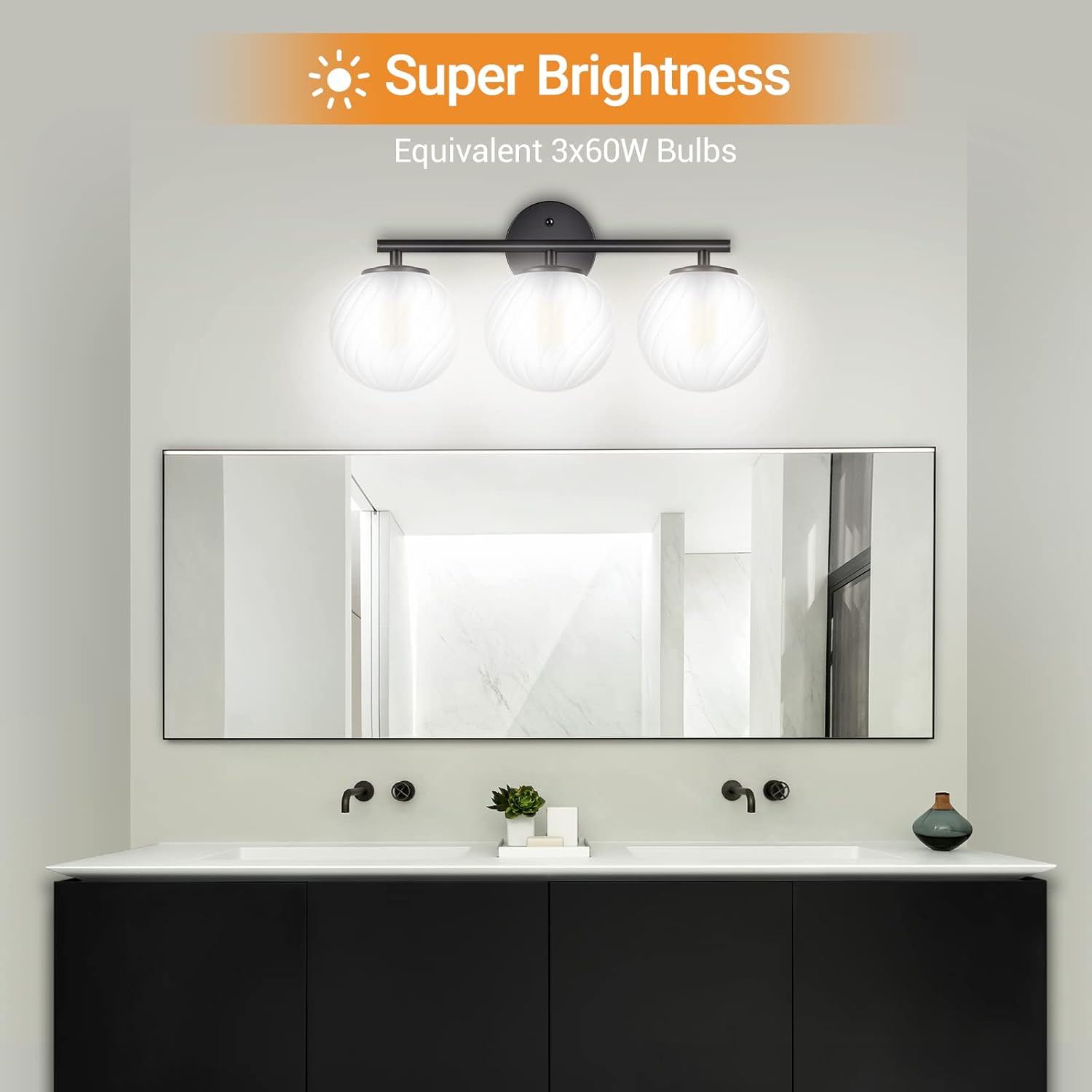 3-Light Bathroom Light Fixtures, Anti-Glare Vanity Lights, Matte Black Wall Sconces with Frosted Glass Shade, 3x60W High Bright Bulbs Included for Bathroom, Living Room, Bedroom, Hallway(G9 Base)