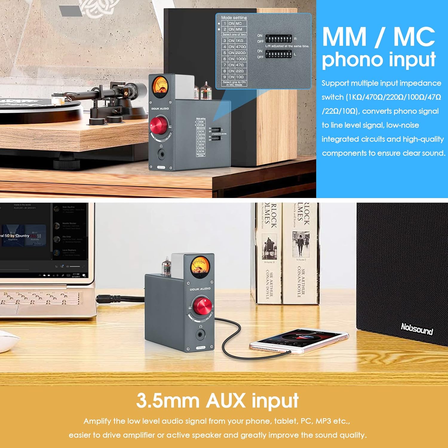 Hi-Fi Vacuum Tube MM MC Phono Preamplifier Turntable Preamp Headphone Amplifier VU Meter GE5654