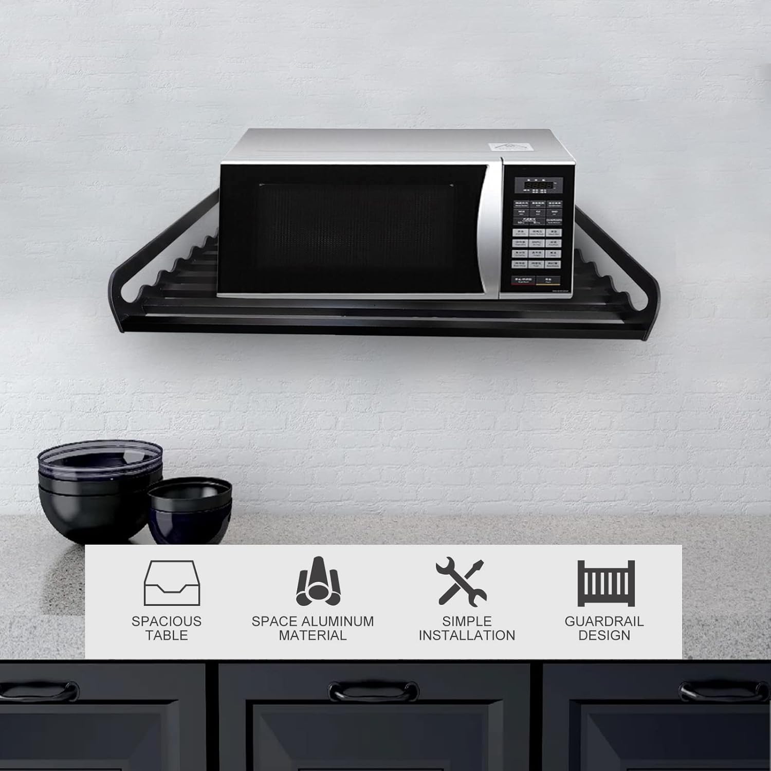 Wall Mounted Microwave Oven Rack Storage Shelf Holder Household Kitchen Organizer Bracket with 2 Hooks Space Aluminum Black (23.62 x 15.55inch) Pack of 2