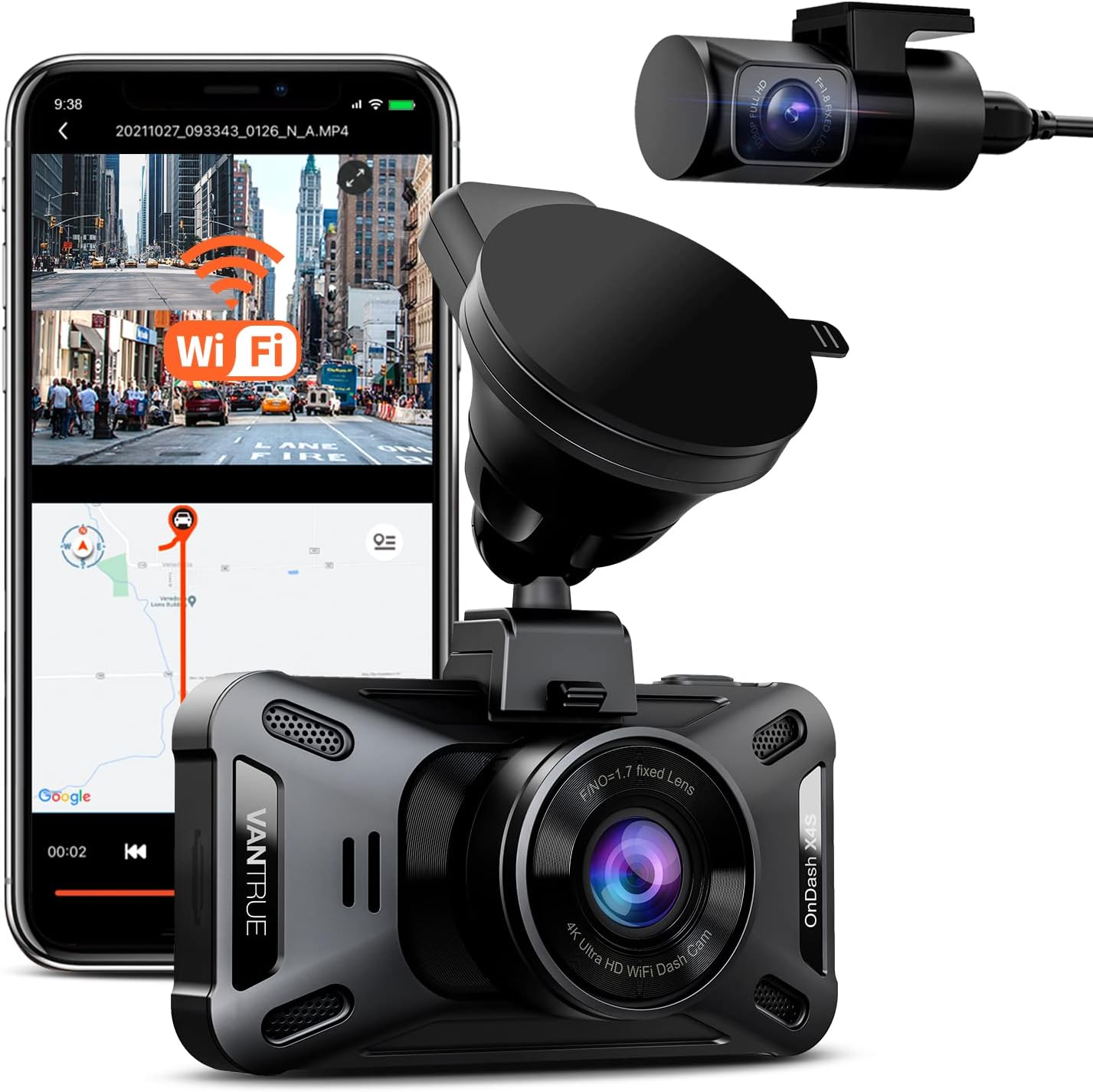 Vantrue X4S Duo 4K 5G WiFi Dual Dash Cam, 4K+1080P Wireless Front and Rear Dash Camera with Free APP, 24/7 Parking Mode, Super Night Vision, Motion Detection, G-Sensor, Capacitor, Support 256GB Max