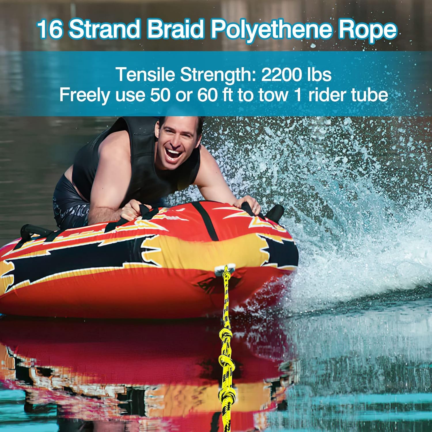 MUMUBOAT 75ft Water Ski Rope, 7 Section Wakeboard Rope with Floating Handle, Tow Rope for Tubing, Watersport Line for Water Ski, Wakeboard and Kneeboard Pack of 2