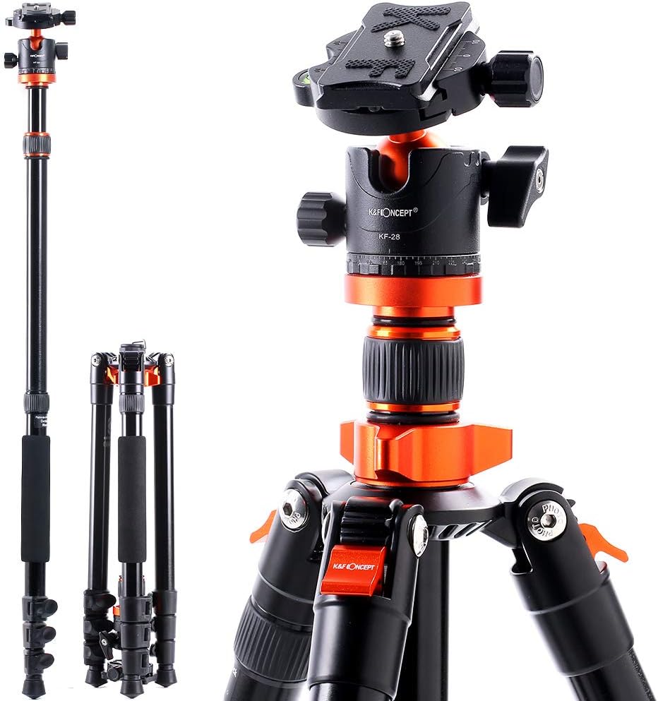 K&F Concept SA254M1 62'' DSLR Camera Tripod Lightweight and Compact Aluminum Detachable Monopod Tripod with 360 Panorama Ball Head Quick Release Plate for Travel and Work Pack of 2