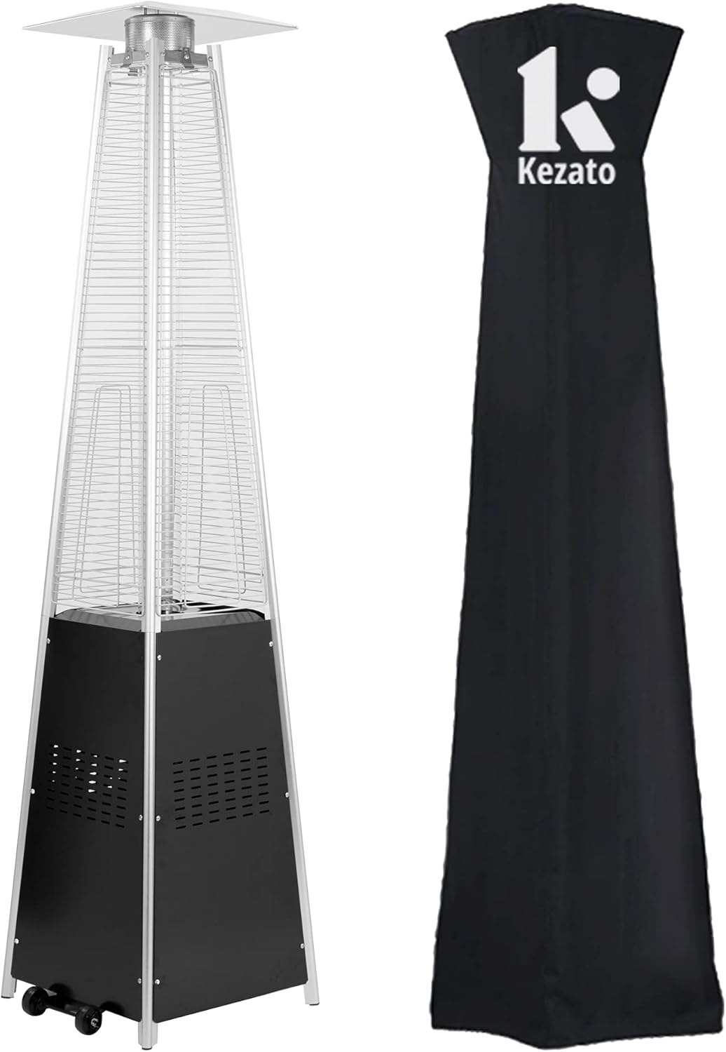 KEZATO Outdoor Pyramid Patio Heater with Cover and Wheels 48000 BTU Glass Tube Propane Heater for Commercial and Residential Use- Black