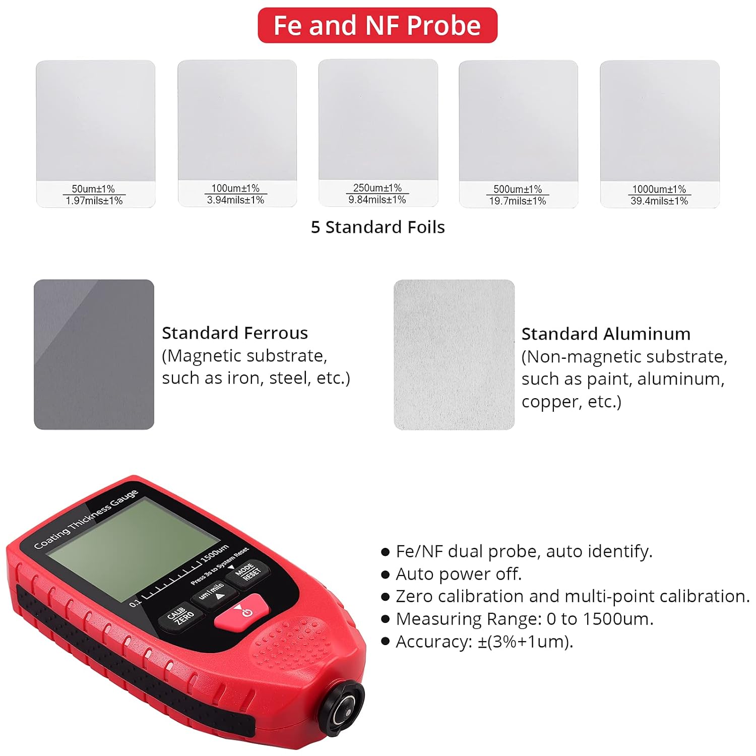 Paint Coating Thickness Gauge JUSTOOL Meter Handheld with Backlight LCD, Fit for Both Steel and Aluminum Base Metal Car 0-1500um