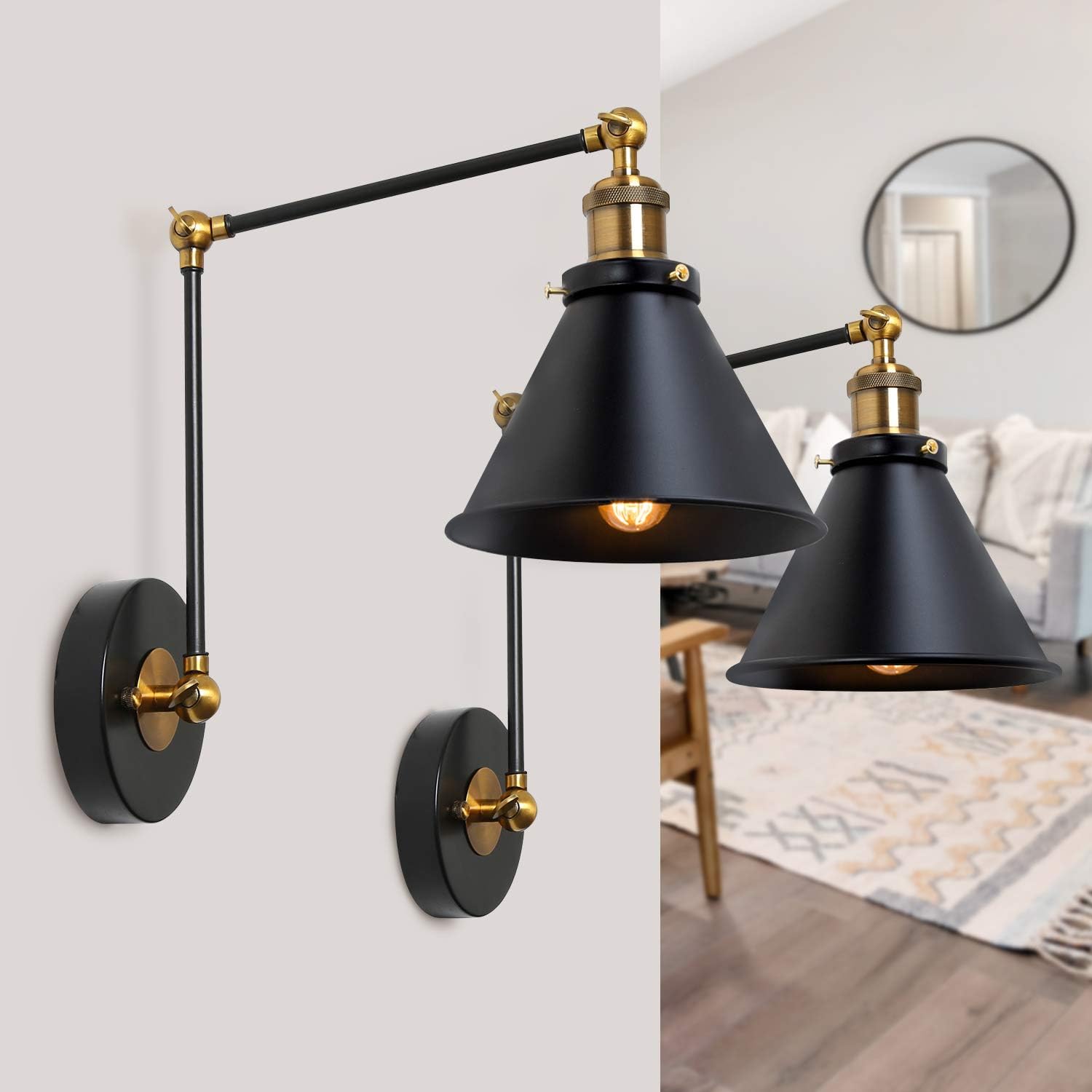 LALUZ Swing Arm Wall Lamp, Plug-in or Hardwire Sconces Wall Lighting for Bedroom Living Room,Antique Brass and Black Matte Finish (2 Pack)
