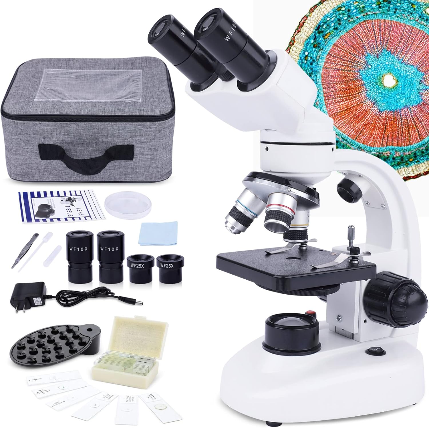 40X-1000X Binocular Microscope for Adults, Lab Compound Microscope Dual LED Illumination with Storage Bag Microscope Slides WF10X & 25X Eyepiece Phone Adapter for Teaching Lab Hobbyist Applications
