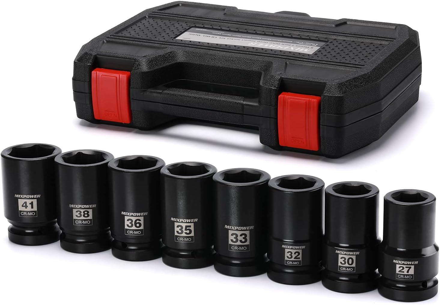 MIXPOWER 8 Pieces 1-inch Drive Deep Impact Socket Set. 6 Point, 27mm-41mm, CR-MO, Metric, Deep, 1