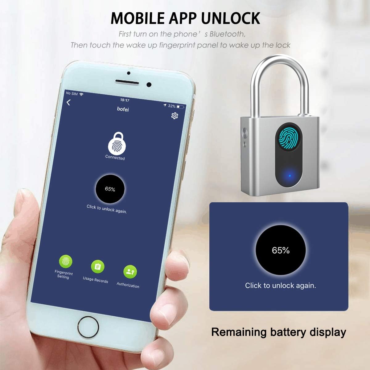 Fingerprint Padlock, MEGAFEIS Smart Padlock, Bluetooth Lock, Mobile APP, IP66 , Biometric Lock with Keyless for Lockers, Office, School, Gym, Factory, Garage, Storage, Gate, Shed, Bike, Cabinet.
