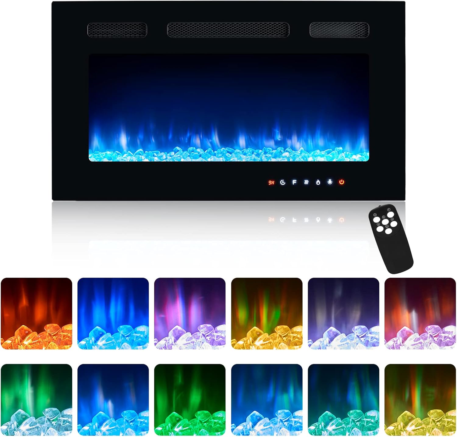 Aoxun Electric Fireplace, 30'' in Wall Recessed and Wall-Mounted Electric Fireplace, 1500/750 Watt Fireplace Heater with 12 Color Flames - Touch Screen/Remote Control - Log & Crystal Stone Optional