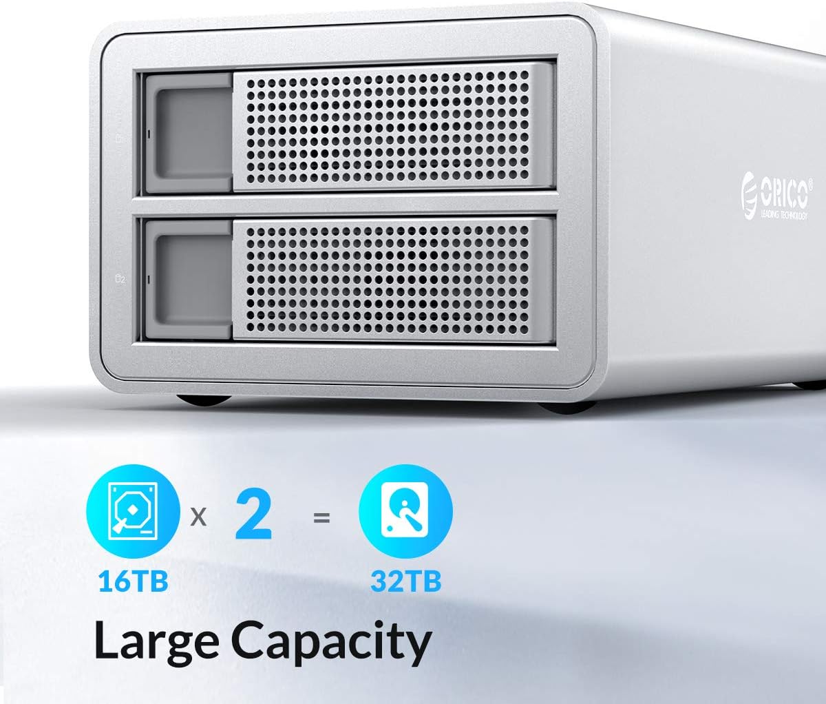 ORICO 2 Bay USB 3.0 to SATA External Hard Drive Enclosure Support 32TB, 2.5/3.5 inch HDD SSD Enclosure for Music Photo Video Data Storage Backup (No RAID, Not NAS Function)