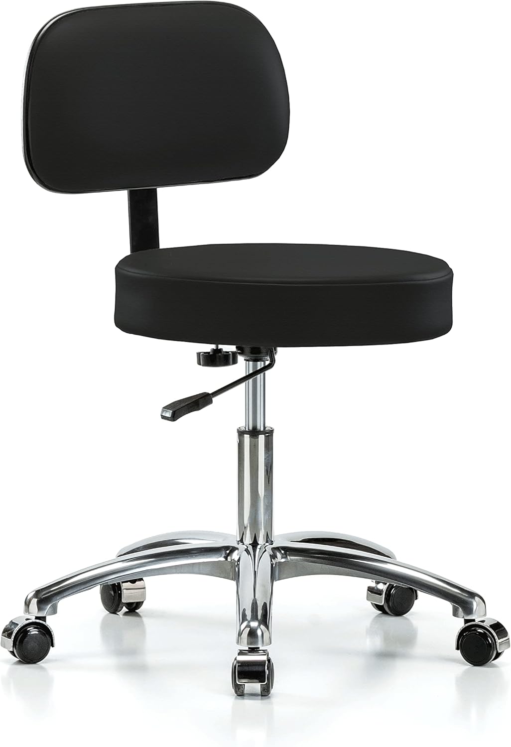 PERCH Chrome Walter Rolling Height Adjustable Exam Stool with Back for Carpet or Linoleum | Workbench Height | 300-Pound Weight Capacity | 12 Year Warranty (Black Vinyl)