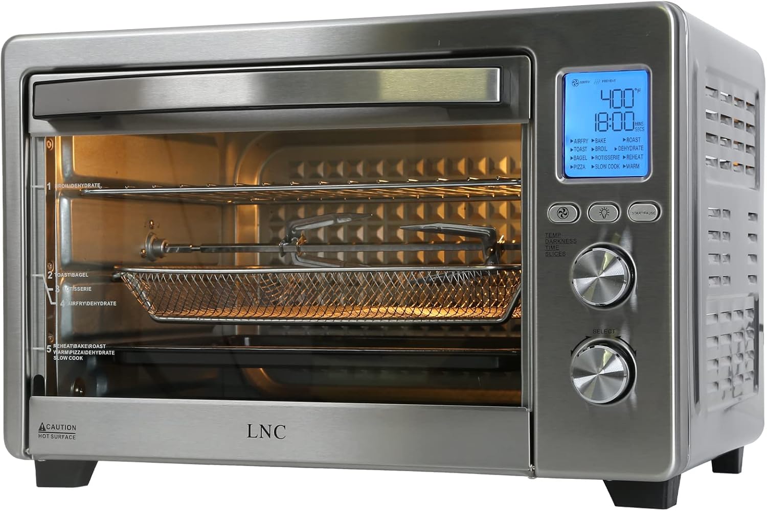 LNC A05000S Air Fryer Oven, 34QT Extra Large 1750W Toaster Oven Air Fryer Combo, 12” Pizza Convection Oven Countertop, 12-in-1 6 Slices Large Rotisserie Oven with 4 Accessories, Built-in Light, Stainless Steel