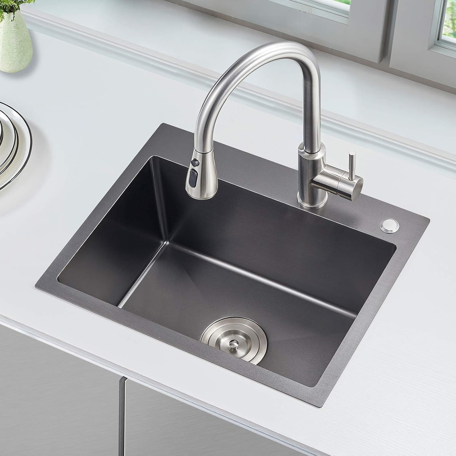 ROVOGO 20x16x9 inch Top Mount Single Bowl Kitchen Sink with 2 Hole, 304 Stainless Steel Handmade Drop-in Bar Prep Small Sink with Basket Strainer, Black