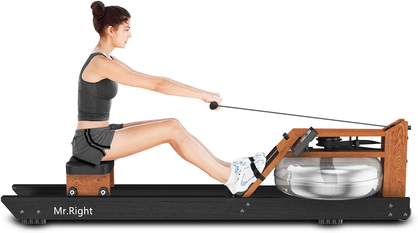 Mr. right Water Rowing Machine for Home Use,Oak Wood Water Rower with Customizable Bluetooth LCD Monitor (Rower Cover and Electric Water Pump Included)