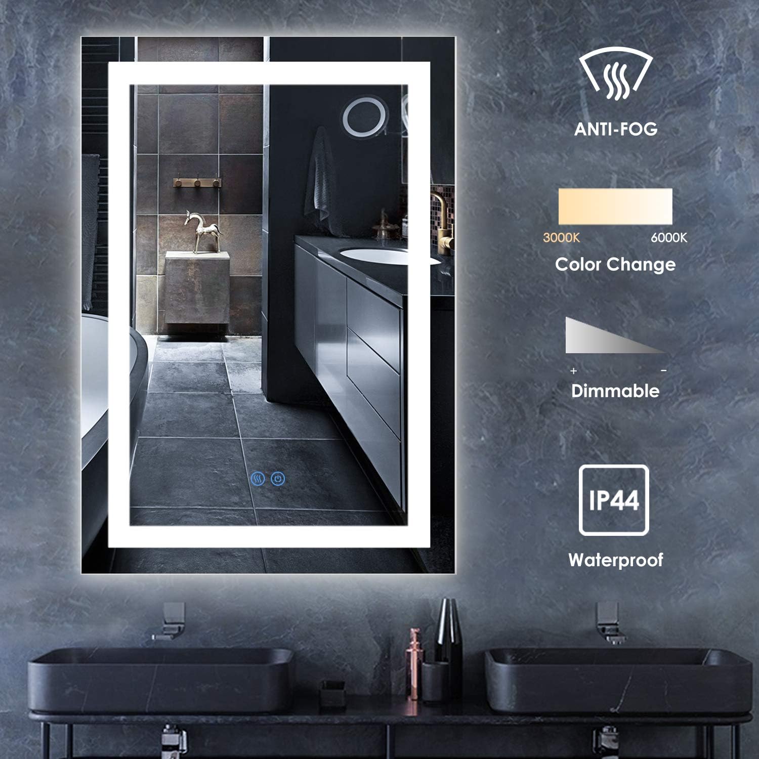 Bathroom Mirror with Lights, 24x32 Backlit Mirror, Lighted Bathroom Mirror with Dimmable Touch Switch, 3000-6000k Adjustable Lights for at Least 5000h, Anti-Fog, Solid Metal Back Plate