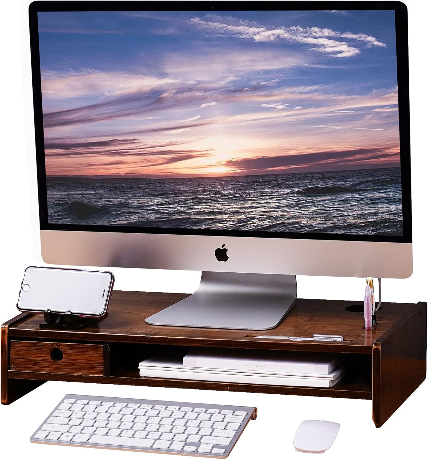 Sundale Bamboo Monitor Stand Riser with Drawer, Computer Riser Desk Monitor Stand with Storage Organizer, Speaker TV Laptop Printer Stand for Laptop Computer/TV/PC, Antique Brown Pack of 2