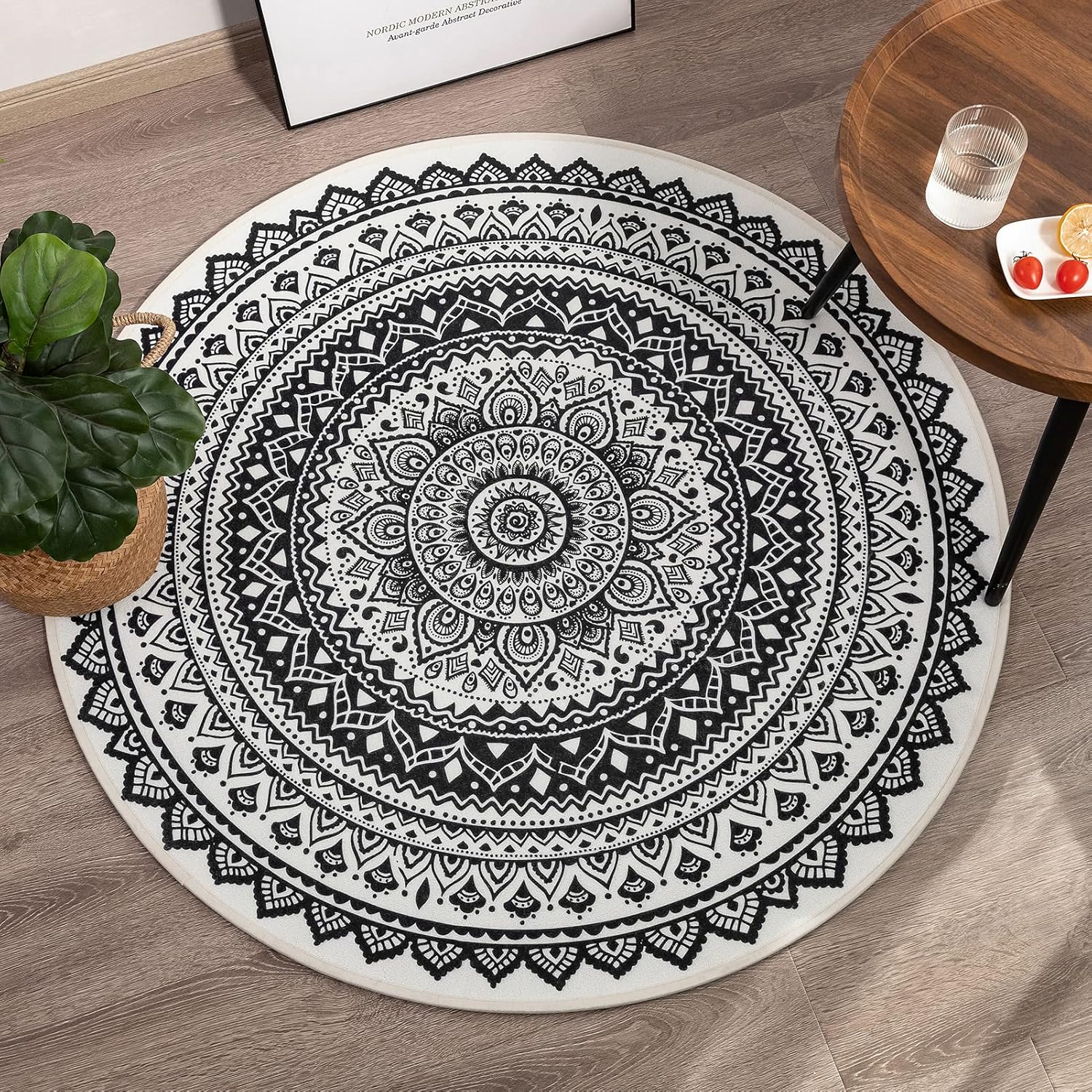 ANTJUMPER 4ft Boho Round Rug, Circle Area Rug for Living Room, Mandala Rug with Non-Slip for Bedroom, Machine Washable, Indoor