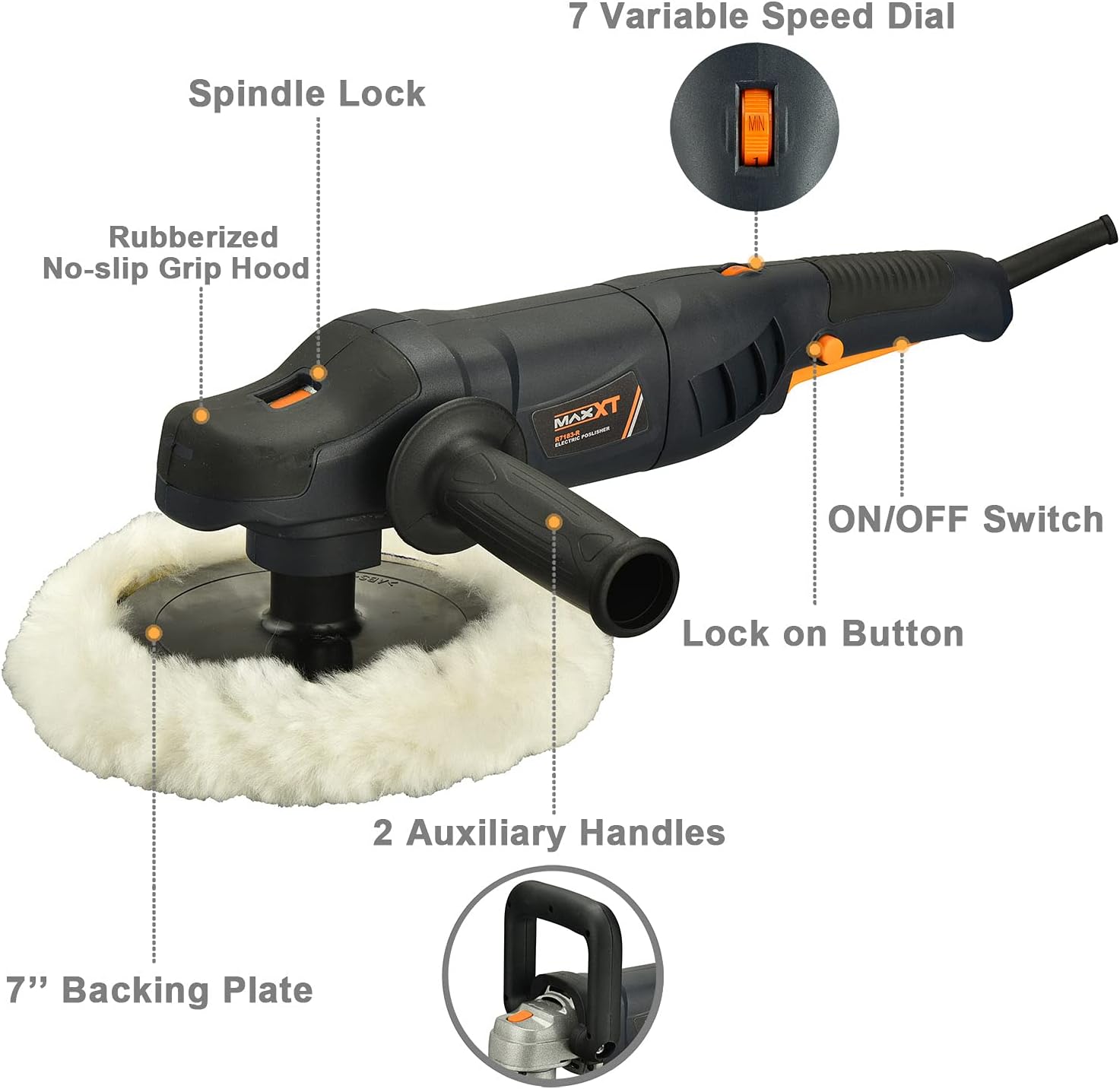 MAXXT Car Buffer Polisher Rotary Variable Speed Car Polishing Machine 7 Inch Car Detailing Kit with D and Side Handle, Woolen fleece hood, Terry polishing bonnet, Sanding discs