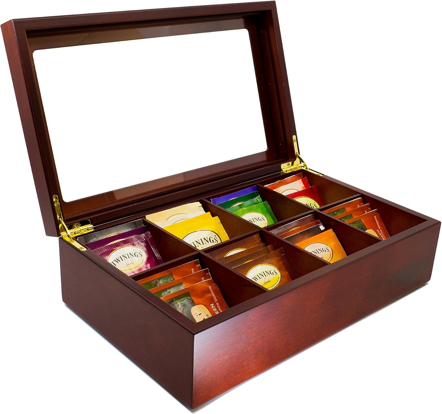 The Bamboo Leaf Wooden Tea Storage Chest Box with 8 Compartments and Glass Window (Cherrywood) Pack of 2