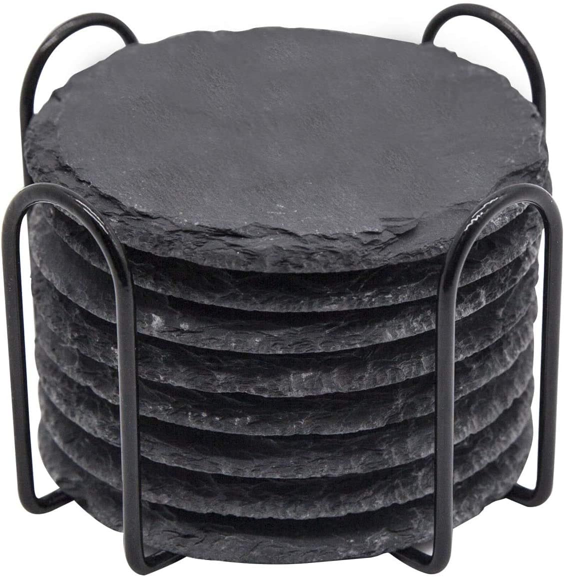 Slate Drink Coaster Set with Holder, LAVEMCH 4 Inch 8 Pieces Handmade Rustic Round Natural Edge Stone Coaster for Bar Kitchen Home Decor, Black