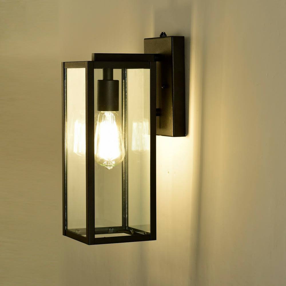 JUSHUA 1-Bulb 14.5 in. H Black Outdoor Wall Lantern-Light Sconce with Dusk to Dawn Sensor