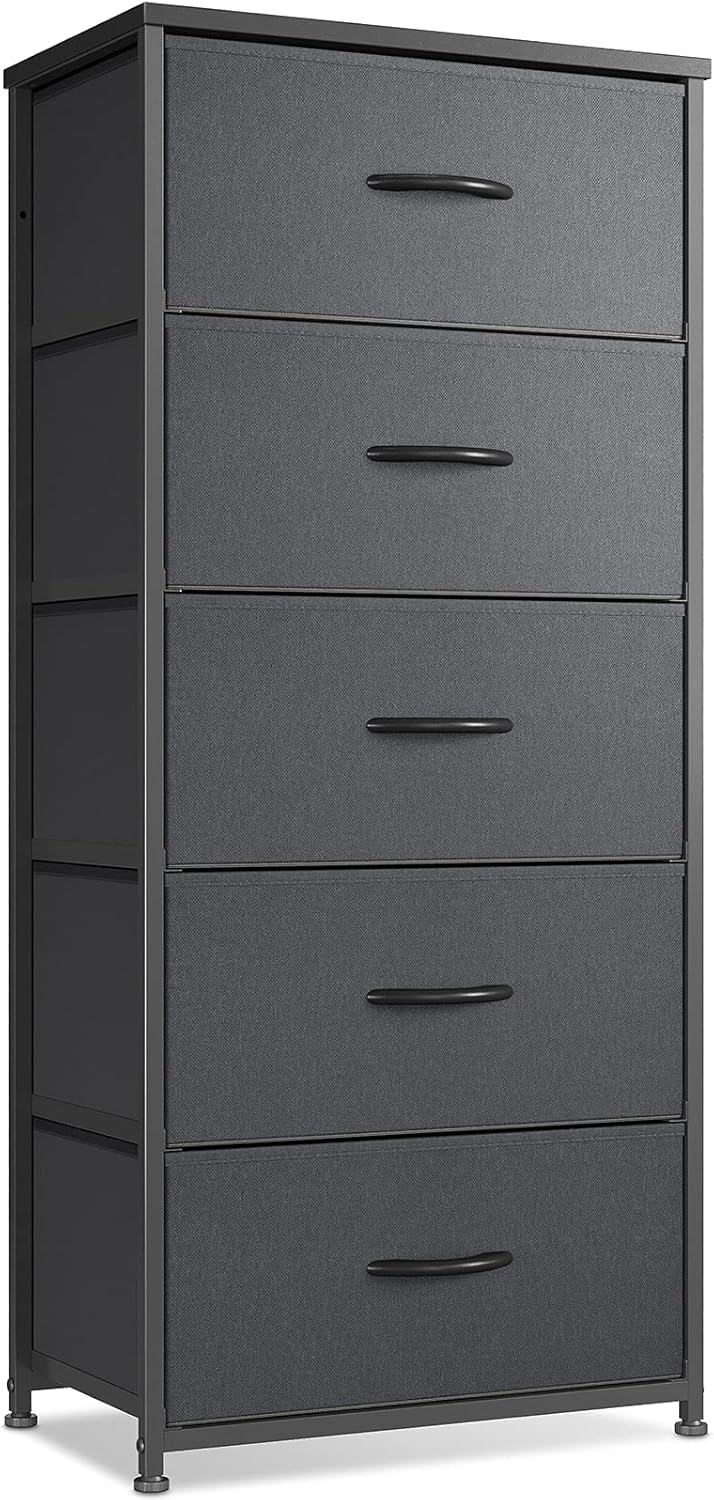 CubiCubi Dresser for Bedroom, Tall Kids Bedroom Fabric Dresser 5 Drawer Storage Tower Organizer Unit for Hallway Entryway Closets, Steel Frame Wood Top, Black Grey