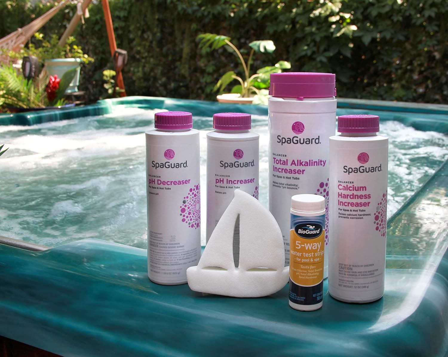Spa and Hot Tub Chemical Balancer Maintenance Kit - Contains Scum Absorber, SpaGuard Total Alkalinity Increaser, Calcium Increaser, pH Increaser, pH Decreaser, Test Strips Pack of 2
