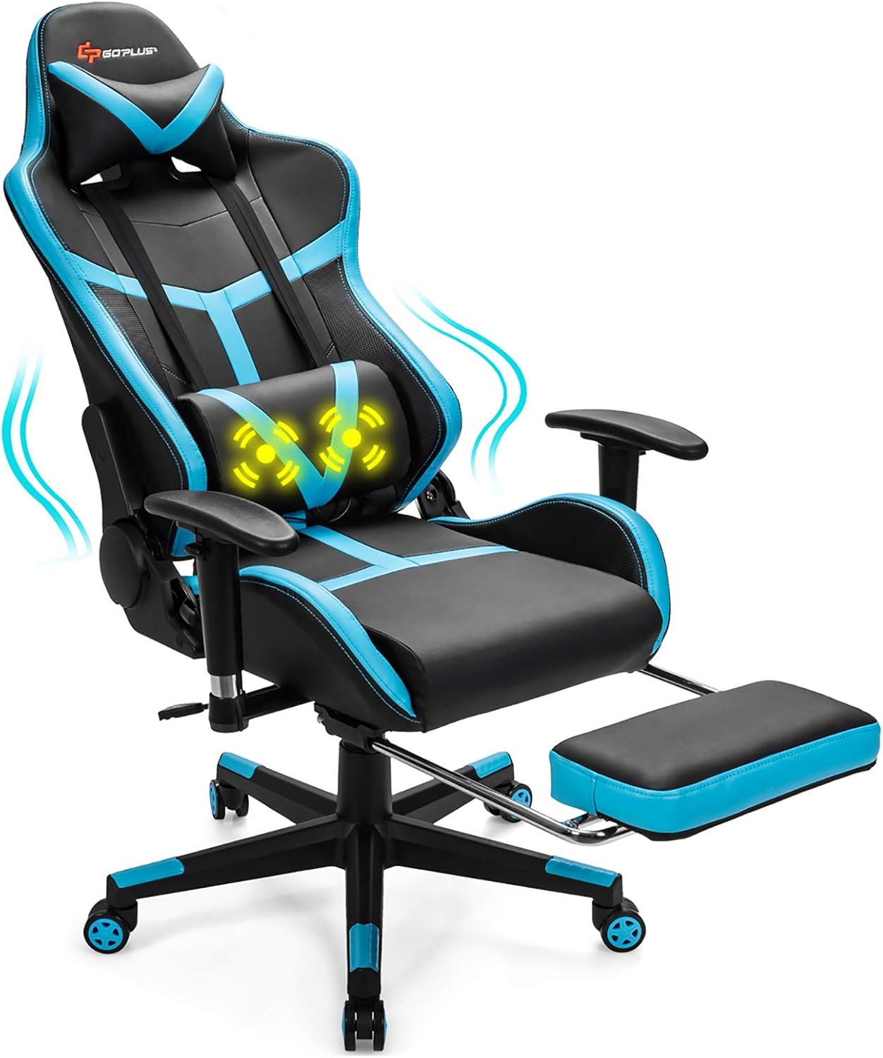 POWERSTONE Massage Gaming Chair Recliner - Racing E-Sports Computer Chair with Footrest Lumbar Support and Headrest Ergonomic Office Chair PU Leather High Back Adjustable Swivel Chair, Blue