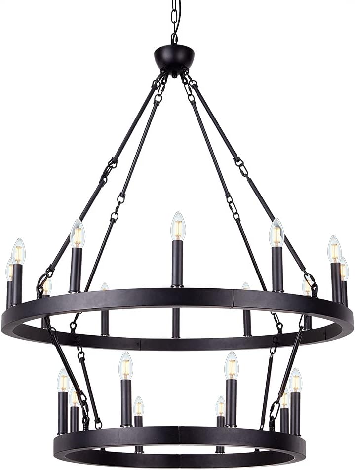 Wellmet Black Wagon Wheel Chandelier 2 Tier, Large Farmhouse Round Pendant Light Fixture Industrial Chandelier Lighting, H43.3