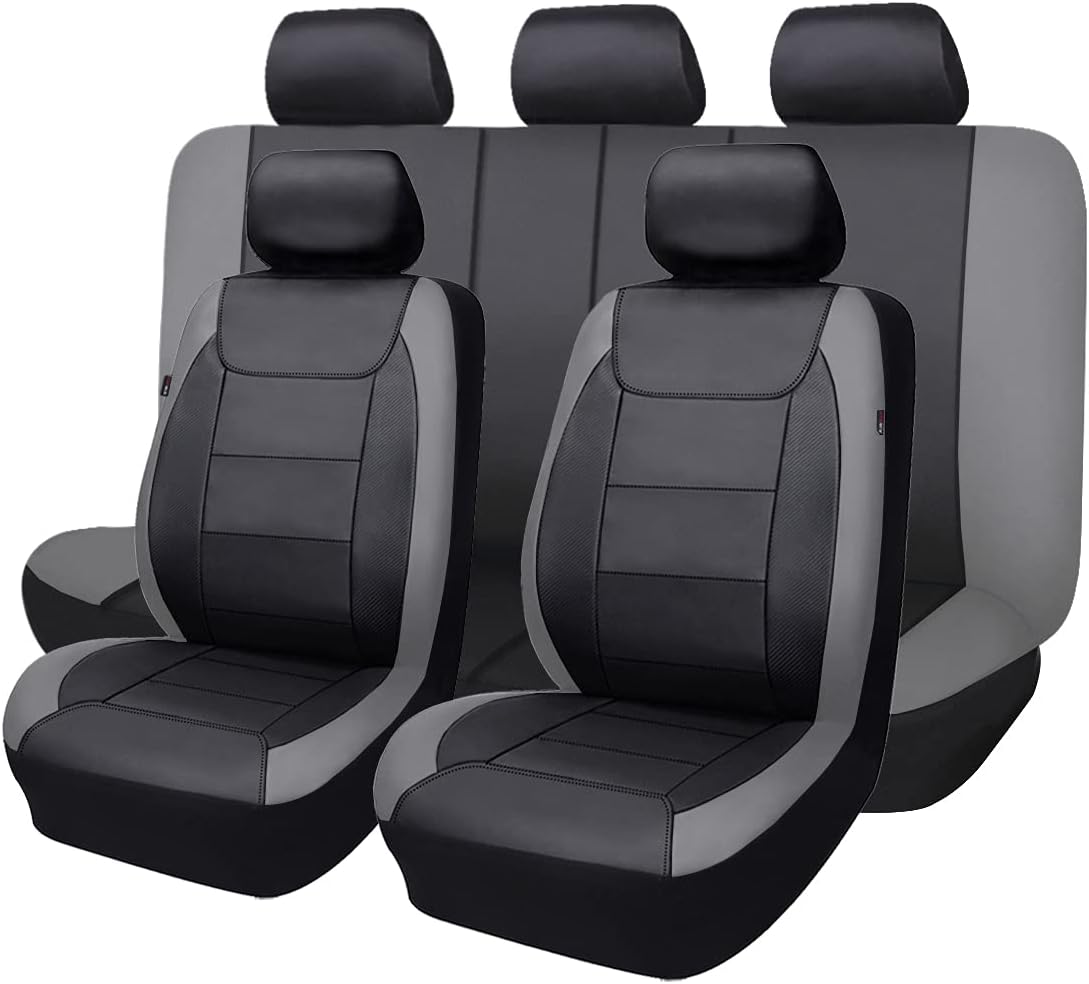 Flying Banner car seat Covers Protects Water Proof Faux Leather Carbon Fiber Front and Rear Bench (Full Set, Black Black)