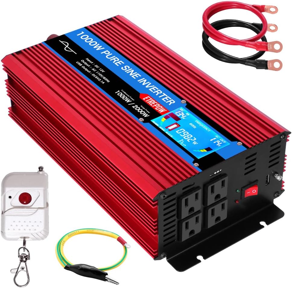 ETREPOW 1000 Watt Pure Sine Wave Inverter 12V to 110V 120V with LCD Display, 4 AC Sockets, 2.1A USB Port, Dual Fans and Wireless Remote Control -Off-Grid Inverter for RV, Automotive 2000W Peak