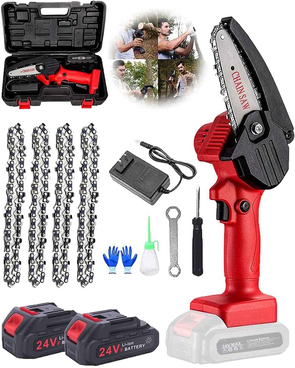 Mini Chainsaw, Mini Chainsaw Cordless 4-Inch 24V Battery Power Chainsaw with 2 Batteries 4 Chain One-Hand Electric Chainsaw for Garden Courtyard Tree and Urban Greening,Red Pack of 2