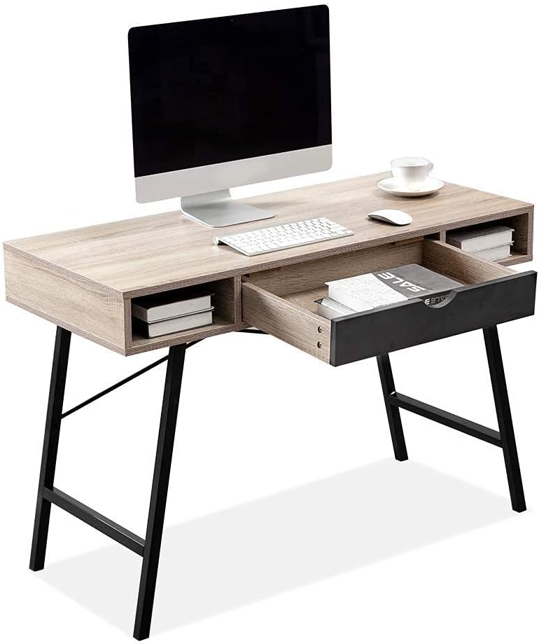 Bonzy Home 43 Inch Computer Desk with Drawer and Shelves,Home Office Writing Table,Modern Wooden Student Table,Desk for Living Room,Bedroom and Small Space,White Metal Frame(White)