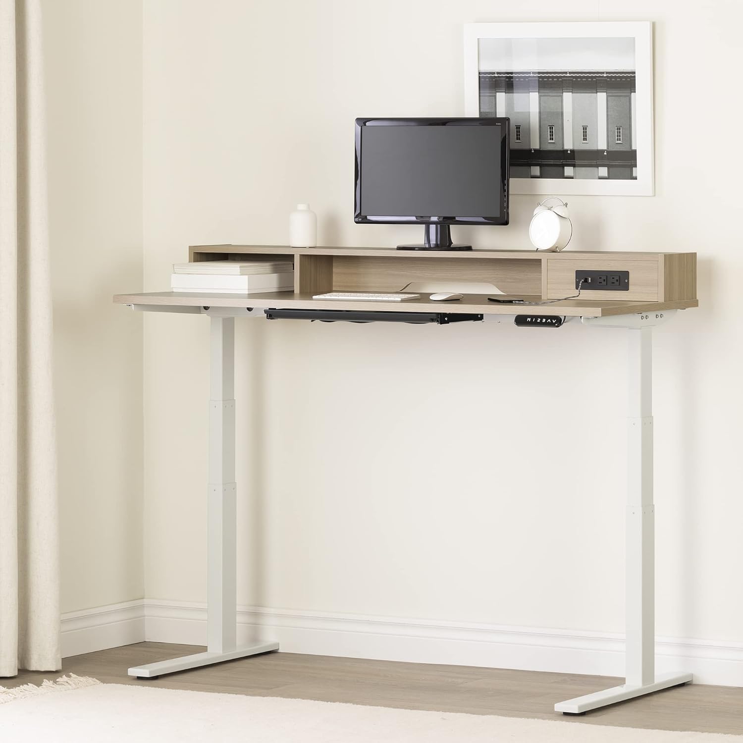 South Shore Majyta Adjustable Height Standing Desk with Built In Power Bar Soft Elm and Matte Black, Contemporary
