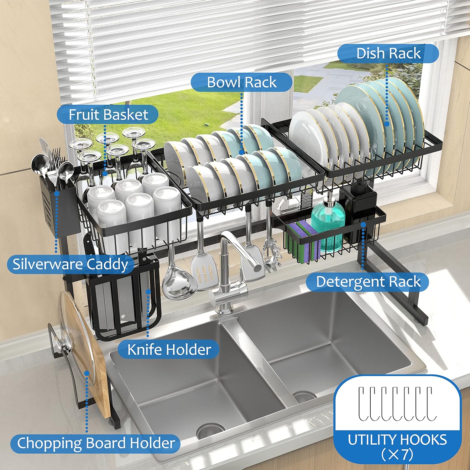Over The Sink Dish Drying Rack, Length (33.4-41.3'') Adjustable Large 2 Tier Stainless Steel Dish Dryer Rack for Kitchen Organizer Storage Space Saver Shelf Utensils Holder Drainer