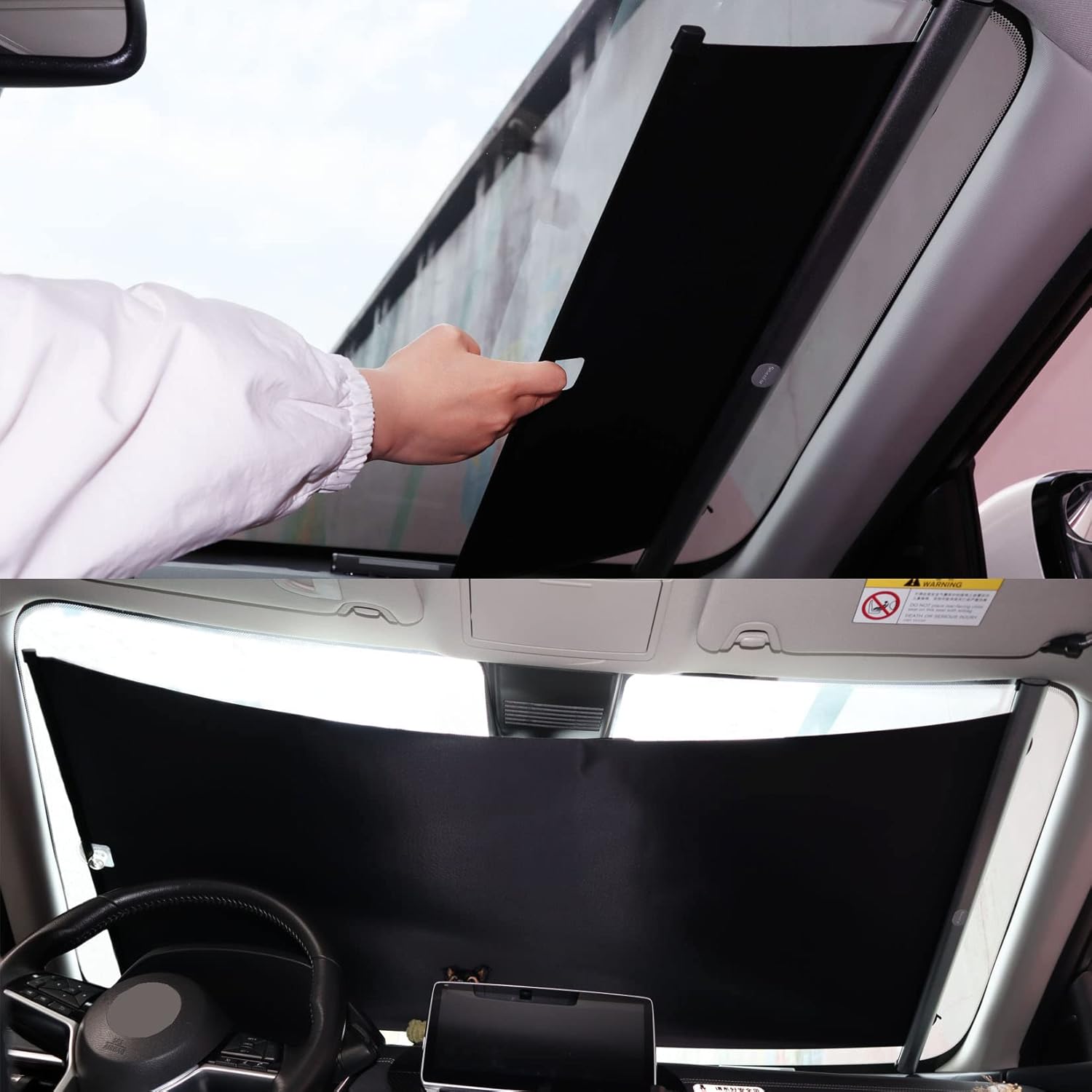 Car Windshield Sun Shade with Suction Cup One Key Automatic Contraction | Blackout Material Car Sun Visor for UV Rays and Sun Heat Protection | Automotive Sun Protection (Medium,55.1 x 22.8 )